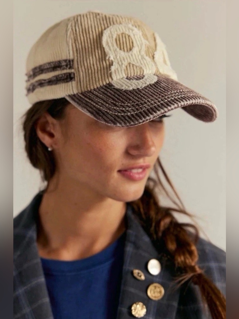 Free People hat 84 Corduroy Baseball Cap in Cream and Brown - Women's Accessory